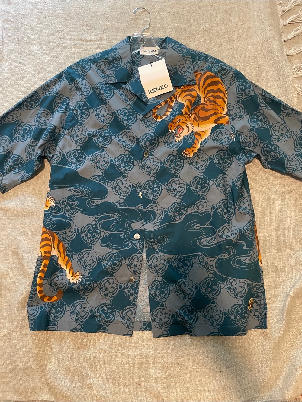 Kenzo Teal Short-Sleeve Button-Down Shirt with Orange Tiger Motif